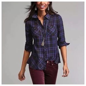 CAbi Plaid Button Down Top Black Blue Purple Size